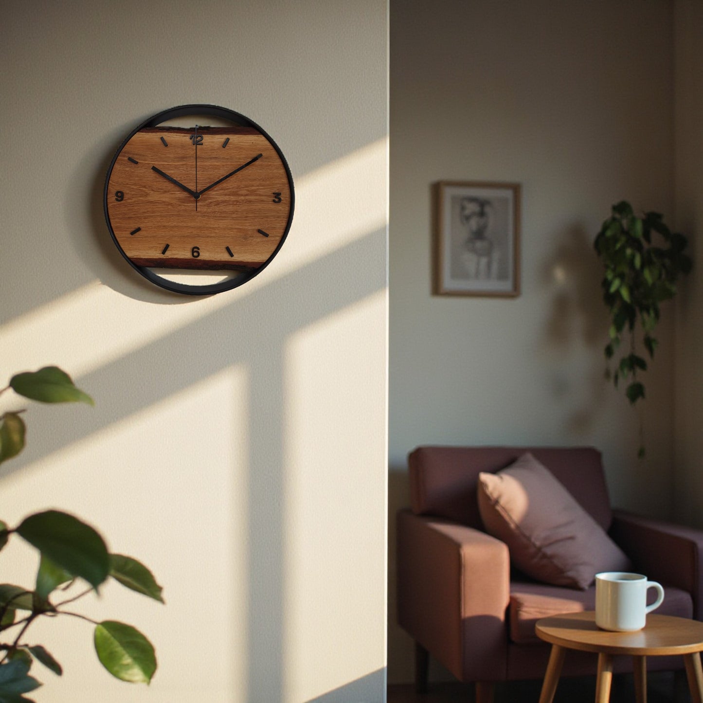 Eichenuhr im Wohnzimmer