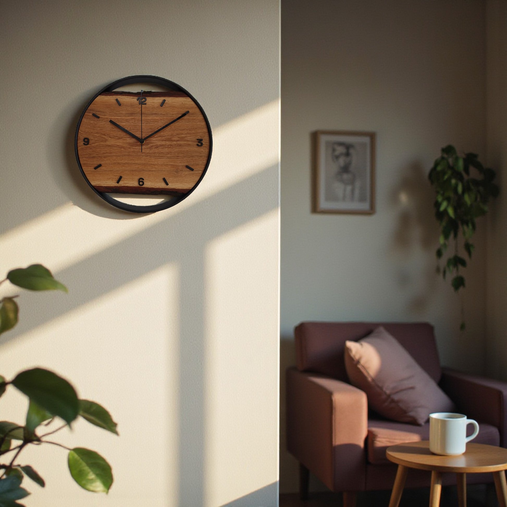 Eichenuhr im Wohnzimmer